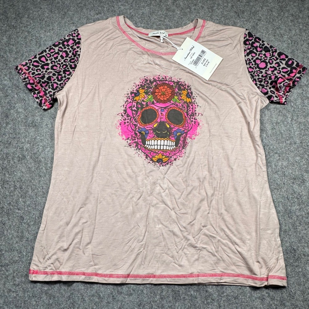 American Bling Womens Sugar Skull Leopard Print‎ Top Khaki Pink 2X AB-T6003 NEW